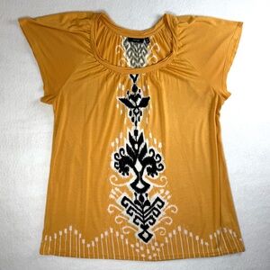 Apt 9 Yellow Black Ikat Pleated Scoop Neck Bohemian Blouse Top Womens Plus 0X